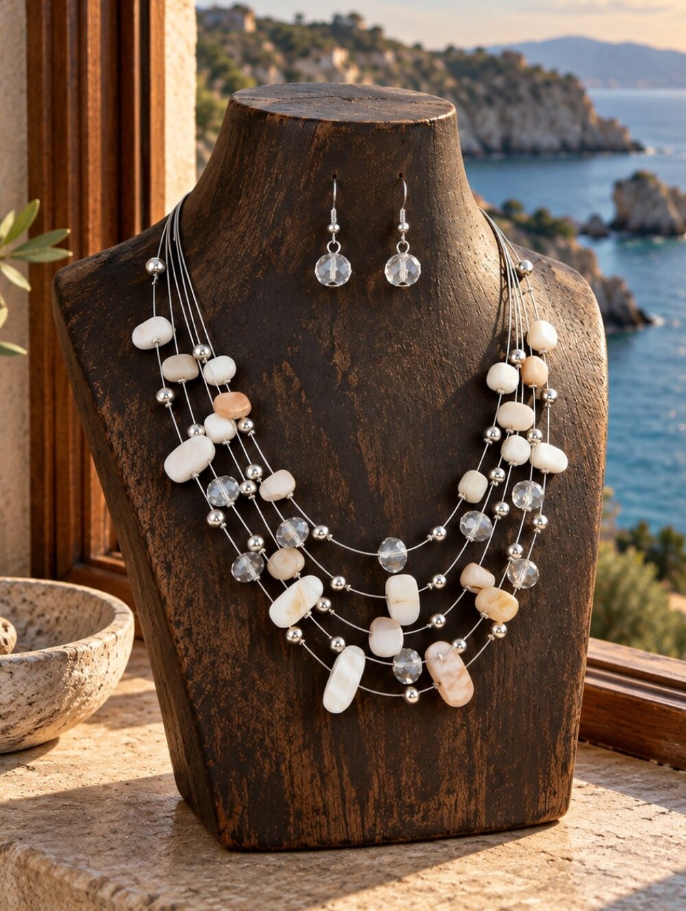 Coastal Boho Shell Crystal Multi Layer Necklace Earrings Set Natural Stones